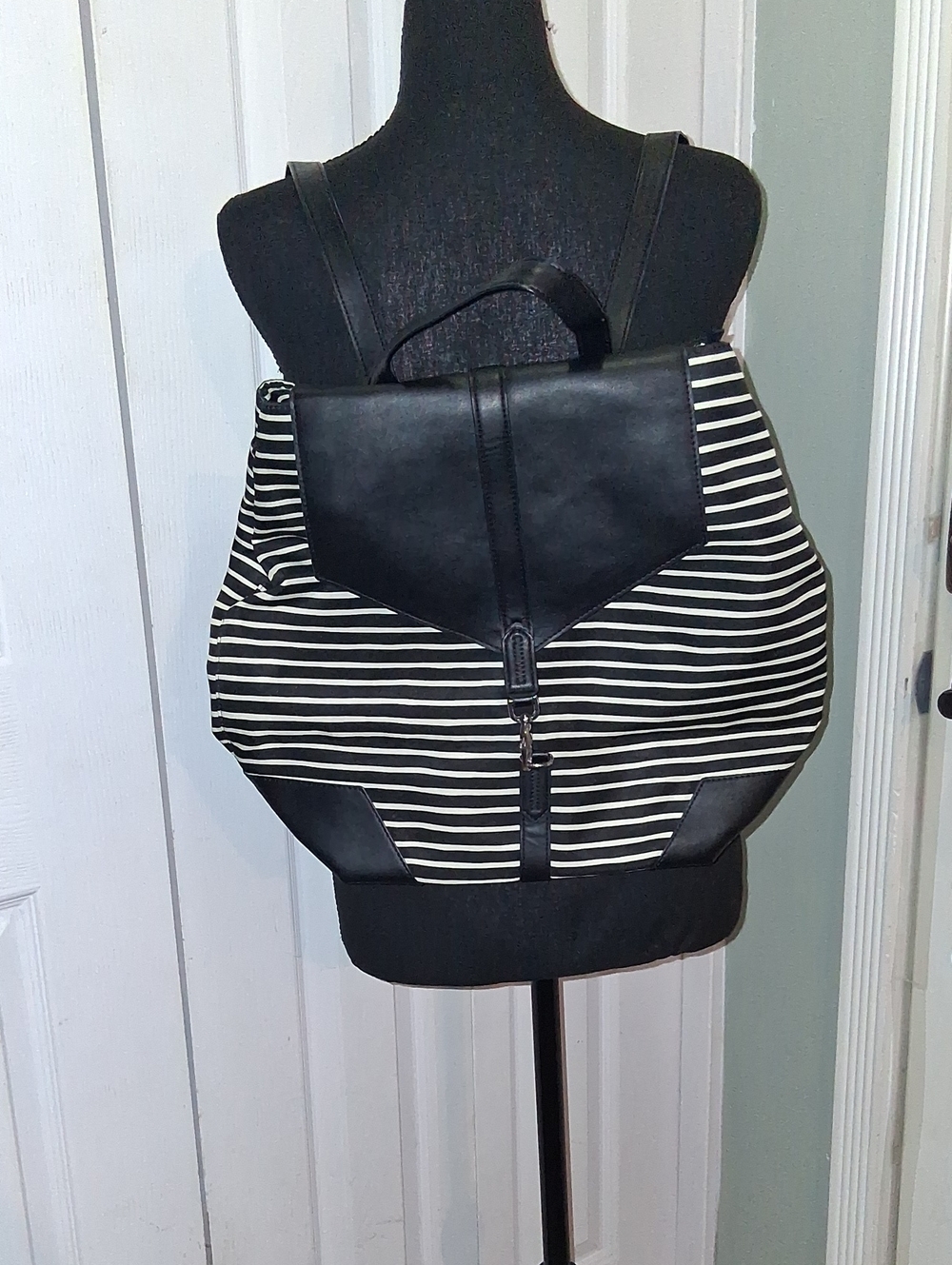 Stella & Dot Black and White Striped Leather-Trim Backpack
